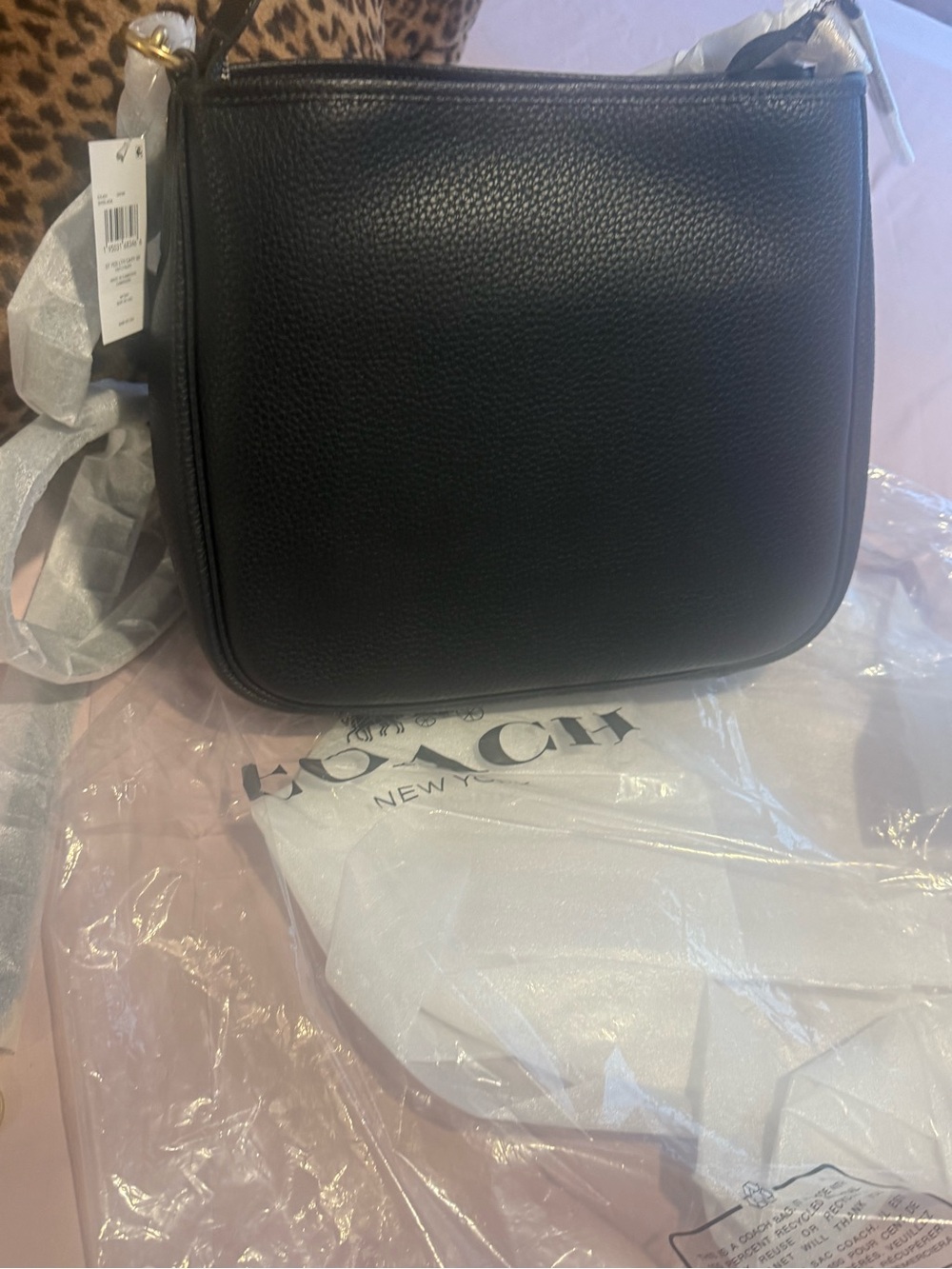 COACH Black Pebbled Leather Messenger Bag with Gold Hardware